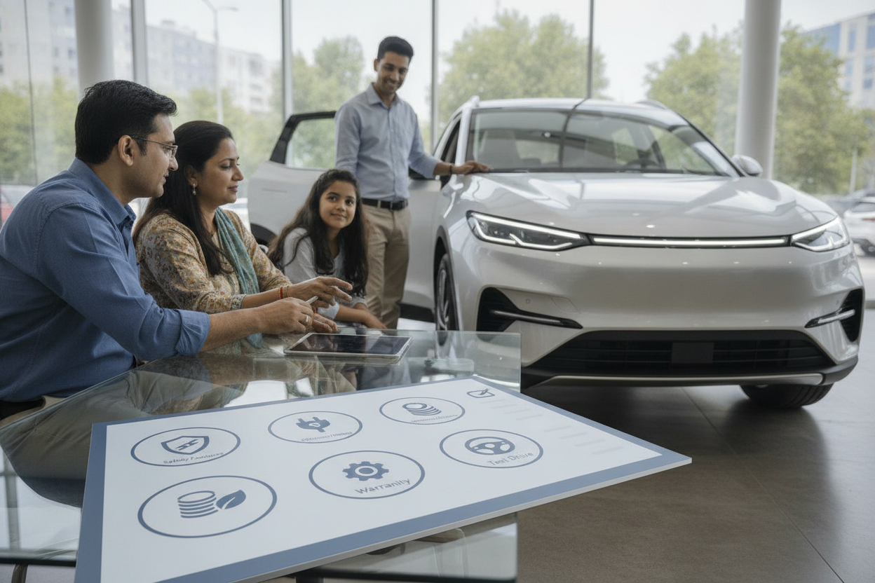 Family reviewing a new-car buyer checklist