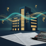 Illustration of RBI draft lending-rate rules with a bank building, rupee symbol and borrower paperwork