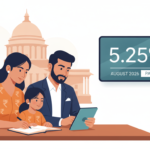 Editorial illustration of India's repo rate decision and a household budget