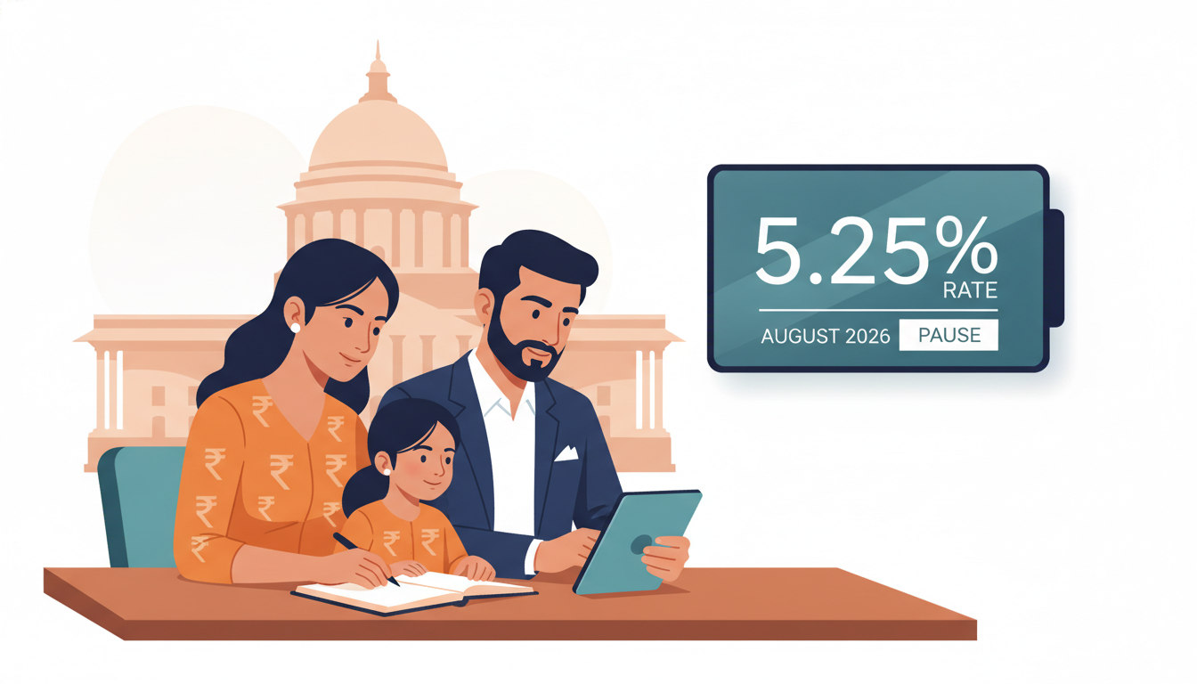 Editorial illustration of India's repo rate decision and a household budget