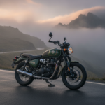 Royal Enfield Classic 350 Gorkha Edition in olive green on a misty mountain road
