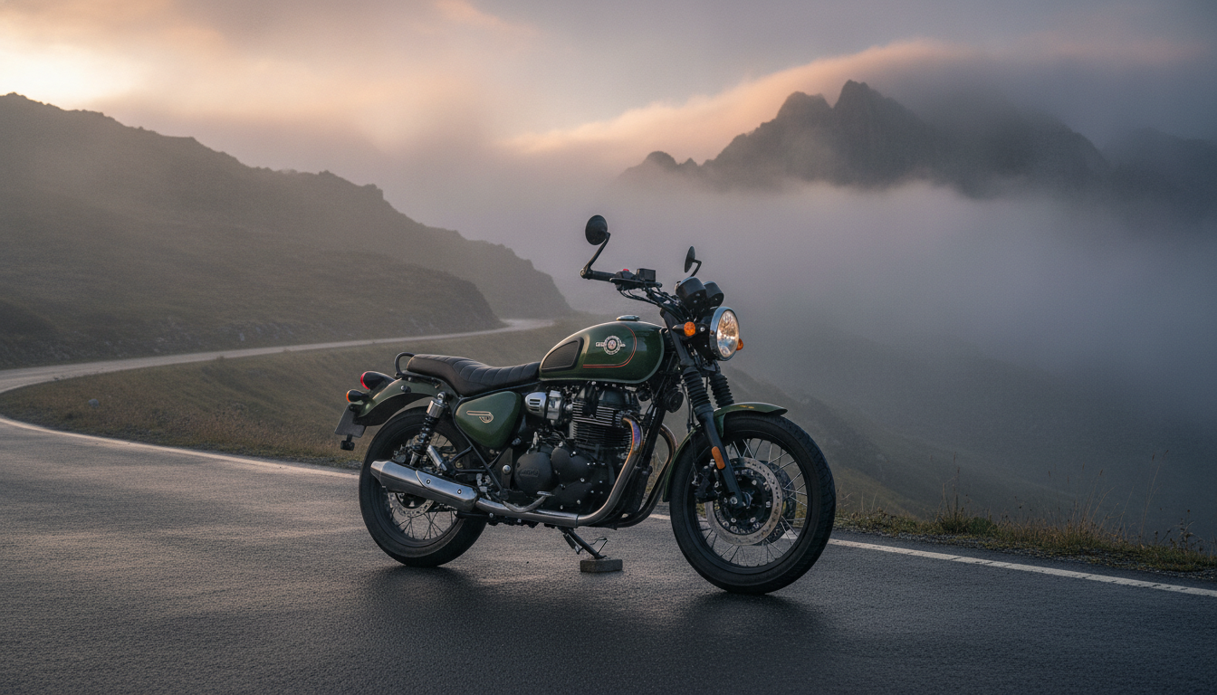 Royal Enfield Classic 350 Gorkha Edition in olive green on a misty mountain road
