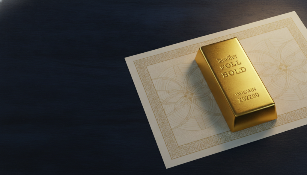 Gold bond certificate and gold bar representing Sovereign Gold Bond premature redemption in August 2026