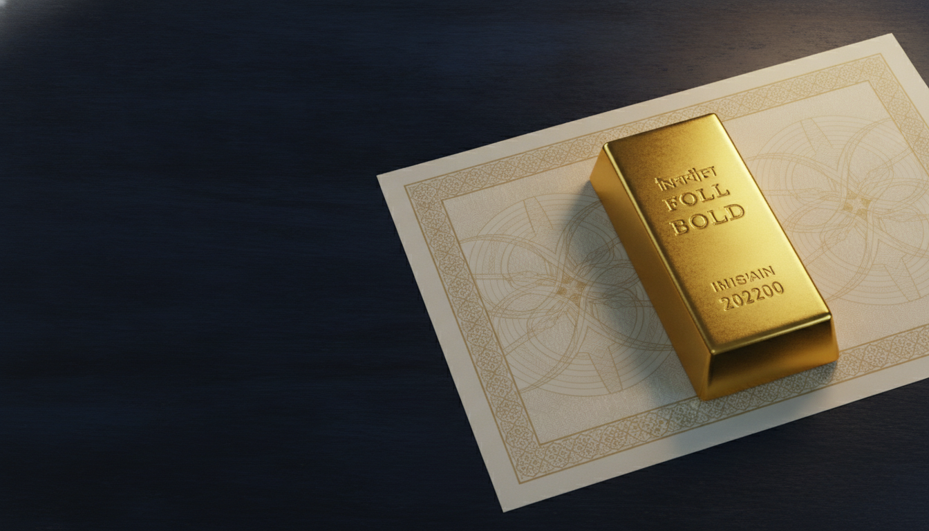 Gold bond certificate and gold bar representing Sovereign Gold Bond premature redemption in August 2026