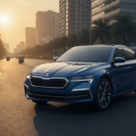 Skoda Slavia facelift 2026 front three-quarter view on an Indian boulevard