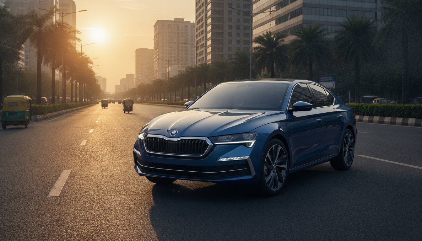 Skoda Slavia facelift 2026 front three-quarter view on an Indian boulevard