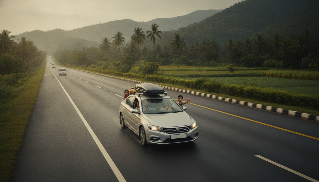 Premium midsize sedan driving on an Indian highway during a family road trip