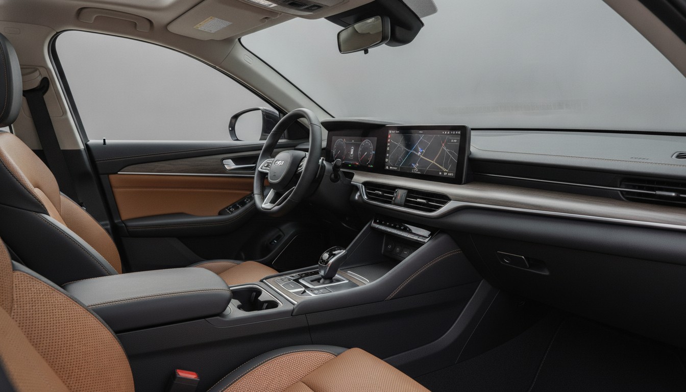 Skoda Slavia facelift 2026 interior with digital displays and black tan upholstery