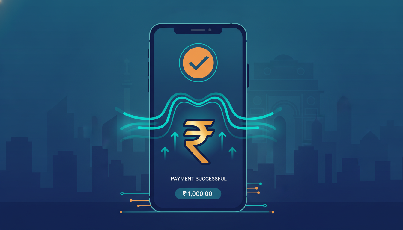 Illustration of a smartphone UPI payment with rupee symbols and digital payment waves