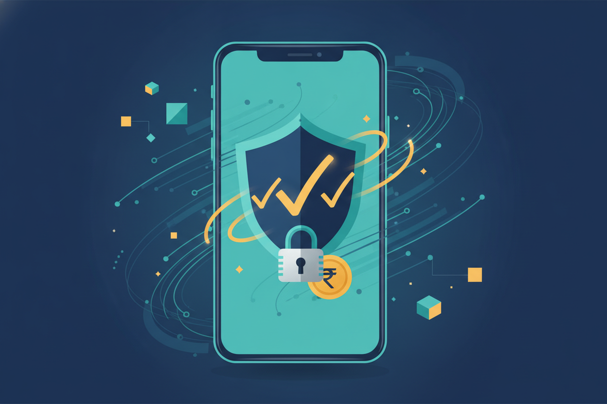 Digital payment safety illustration with a smartphone, shield and rupee symbol