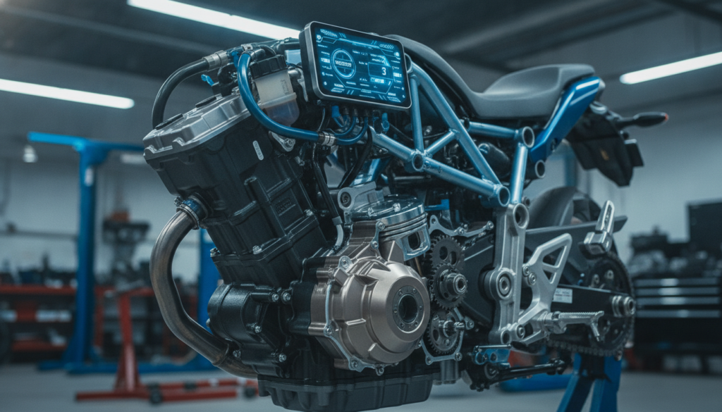 Sport motorcycle parallel-twin engine and electronics detail representing the expected Yamaha R2 technology
