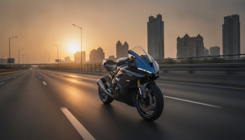 Blue Yamaha-inspired R2 sport motorcycle on an Indian expressway at sunrise