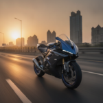 Blue Yamaha-inspired R2 sport motorcycle on an Indian expressway at sunrise