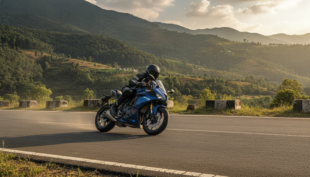 Fully geared rider cornering a blue sport motorcycle on a mountain road