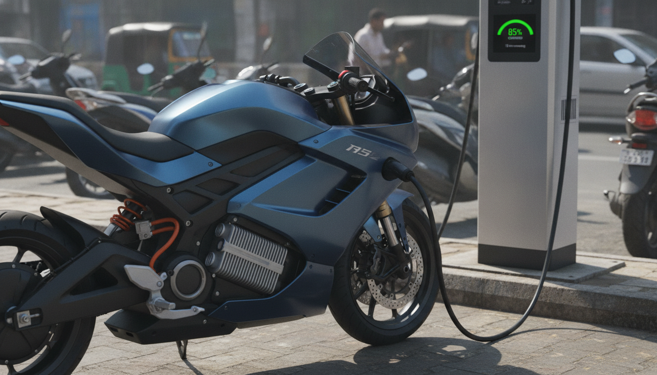 Electric motorcycle charging beside an urban fast charger in India