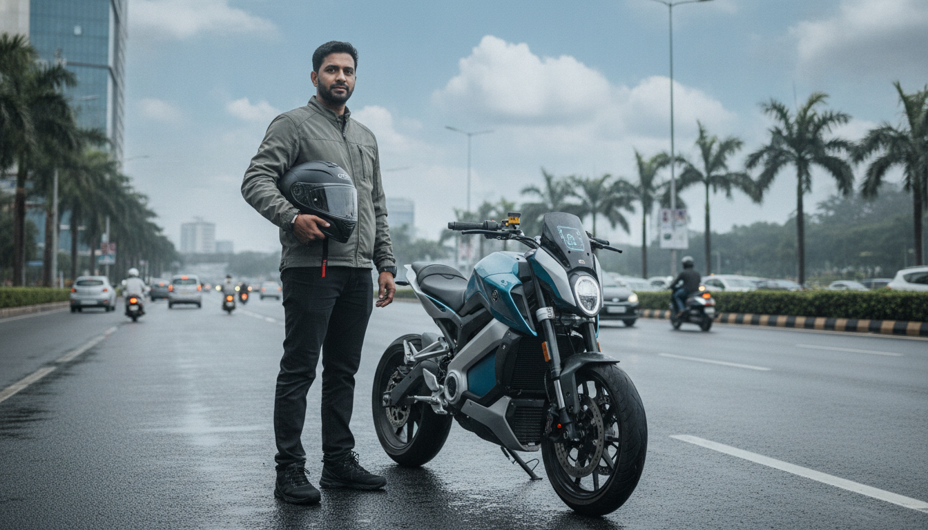 Indian commuter beside a modern electric motorcycle on a city road