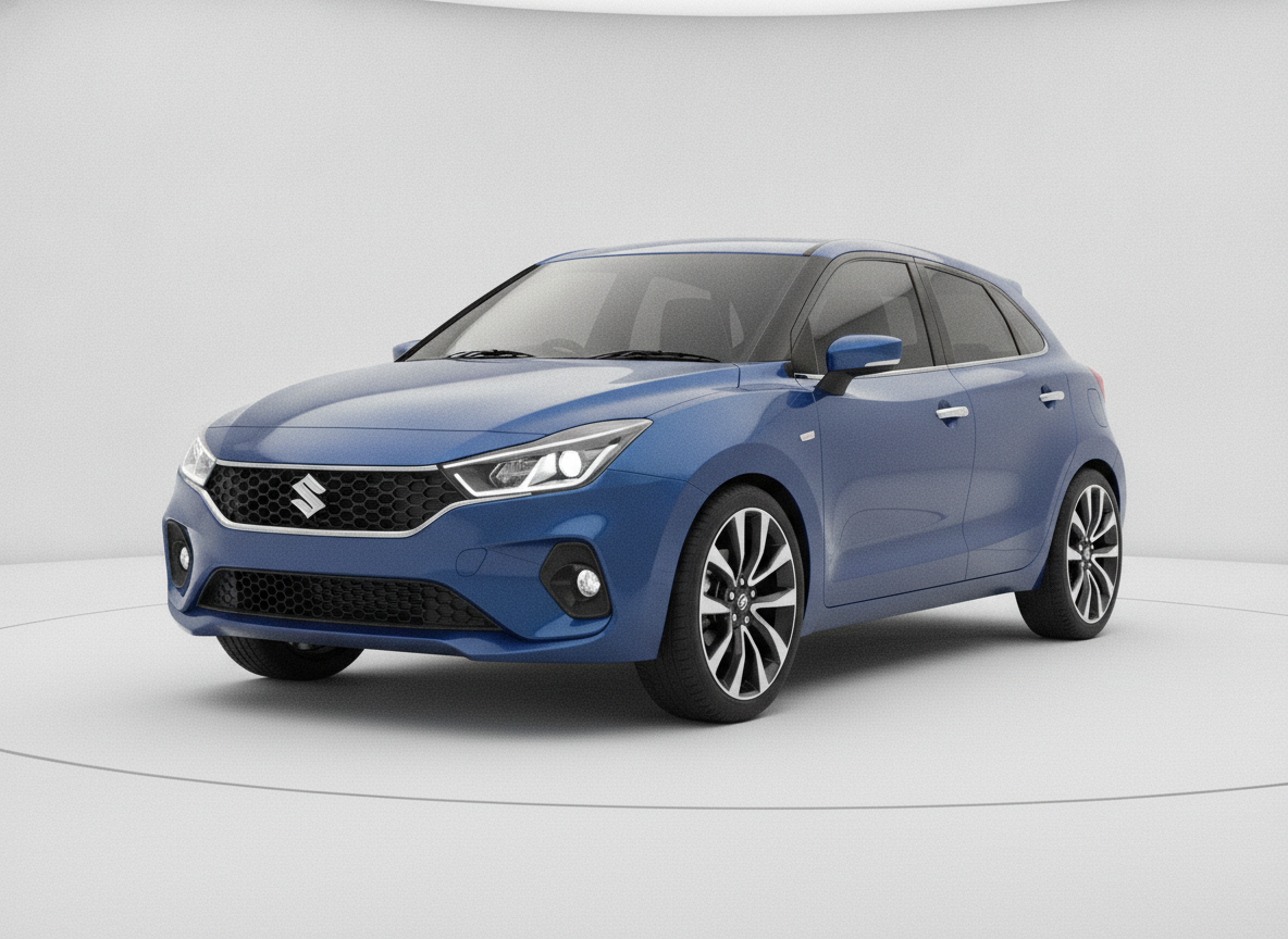 Blue Maruti Baleno facelift inspired premium hatchback shown from the front three-quarter angle