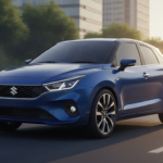 Blue Maruti Baleno facelift inspired premium hatchback on an urban boulevard