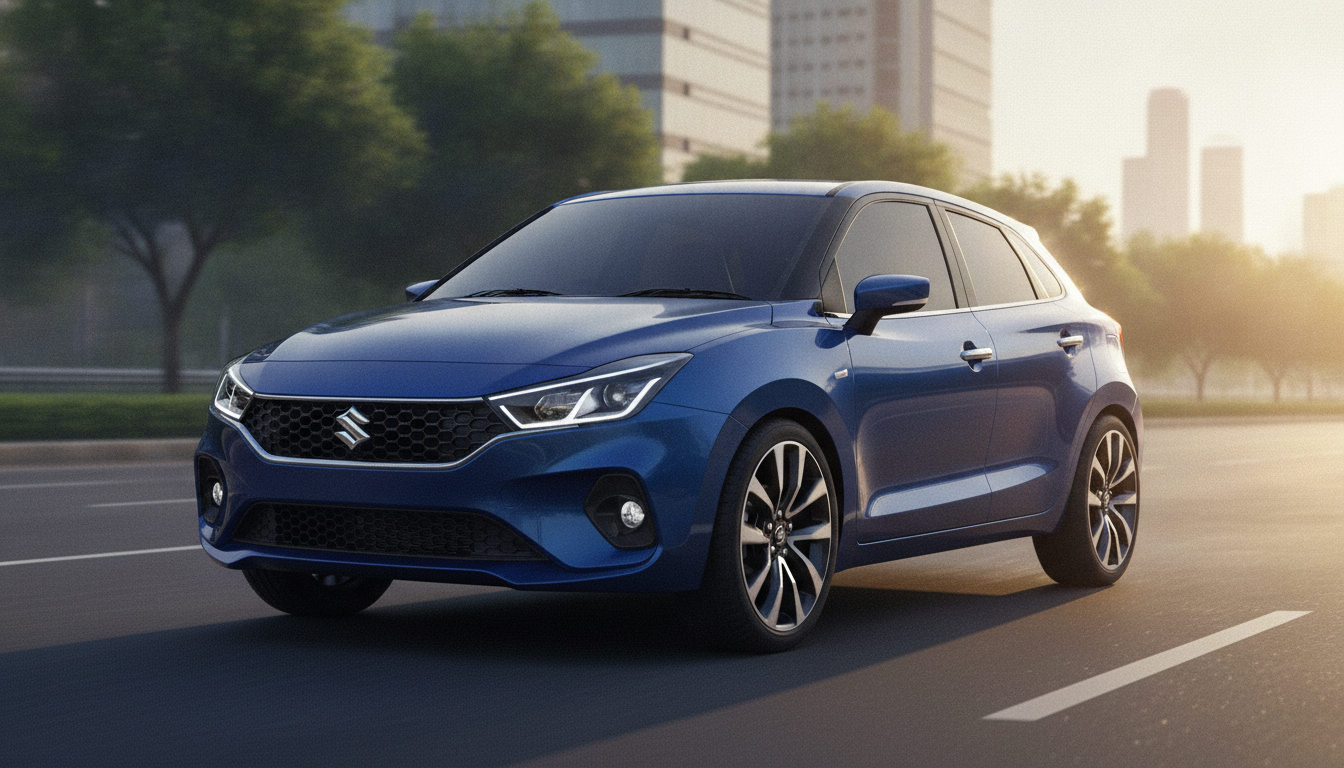 Blue Maruti Baleno facelift inspired premium hatchback on an urban boulevard
