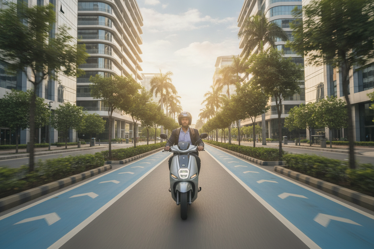 BGauss C12 MaxR electric scooter riding through a modern Indian city