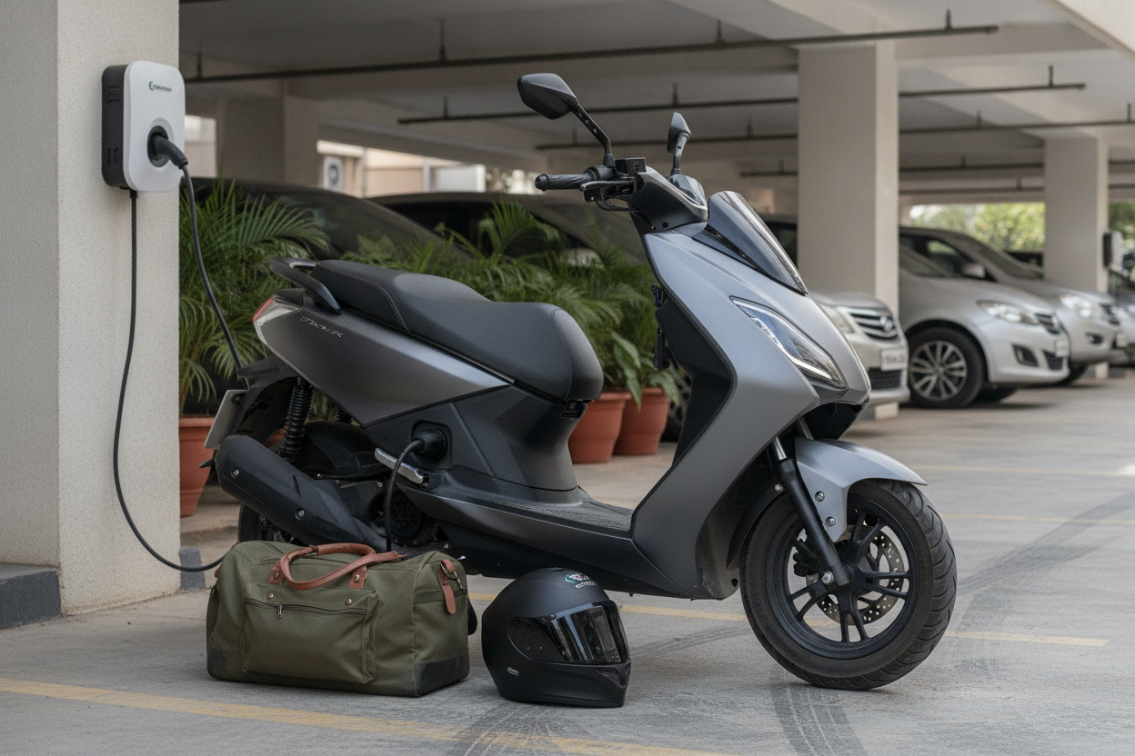 BGauss C12 MaxR electric scooter beside a home charging point in apartment parking
