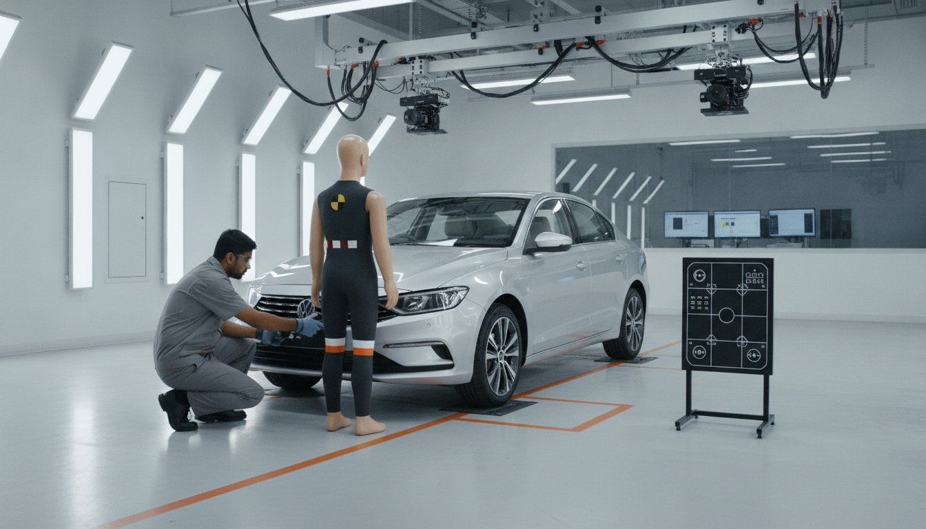 Engineer reviewing vehicle crash-avoidance sensors and pedestrian safety test setup in an automotive laboratory