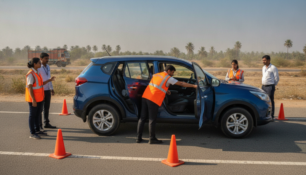 Roadside safety responders demonstrating clear vehicle evacuation access during a training exercise