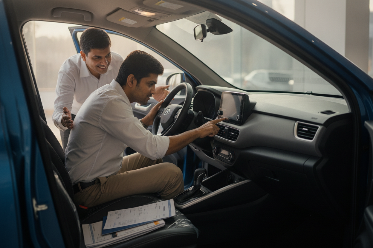 Buyer tests cabin controls and checks paperwork before accepting a new car