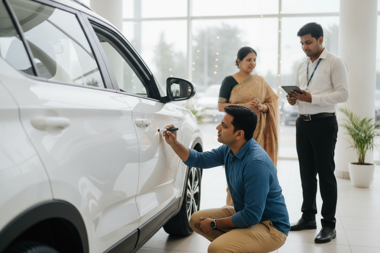 Buyer checks paint and panel alignment on a new car during daylight inspection