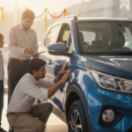 Buyer and dealer inspect a new car at an Indian showroom before delivery