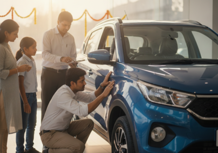 Buyer and dealer inspect a new car at an Indian showroom before delivery