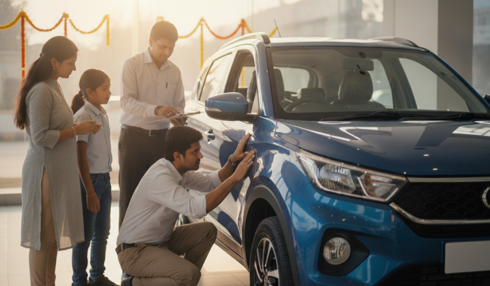 Buyer and dealer inspect a new car at an Indian showroom before delivery