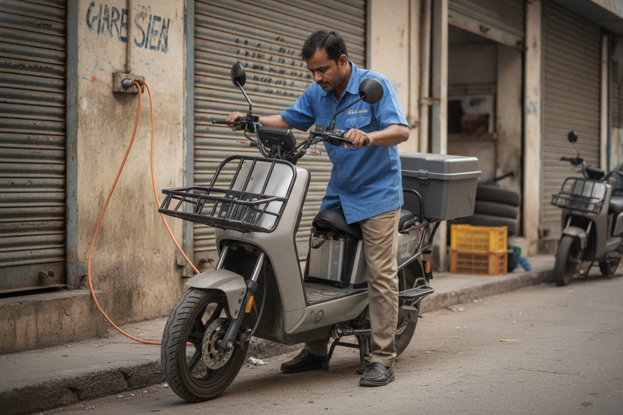 Commercial electric scooter being inspected at an Indian urban delivery depot