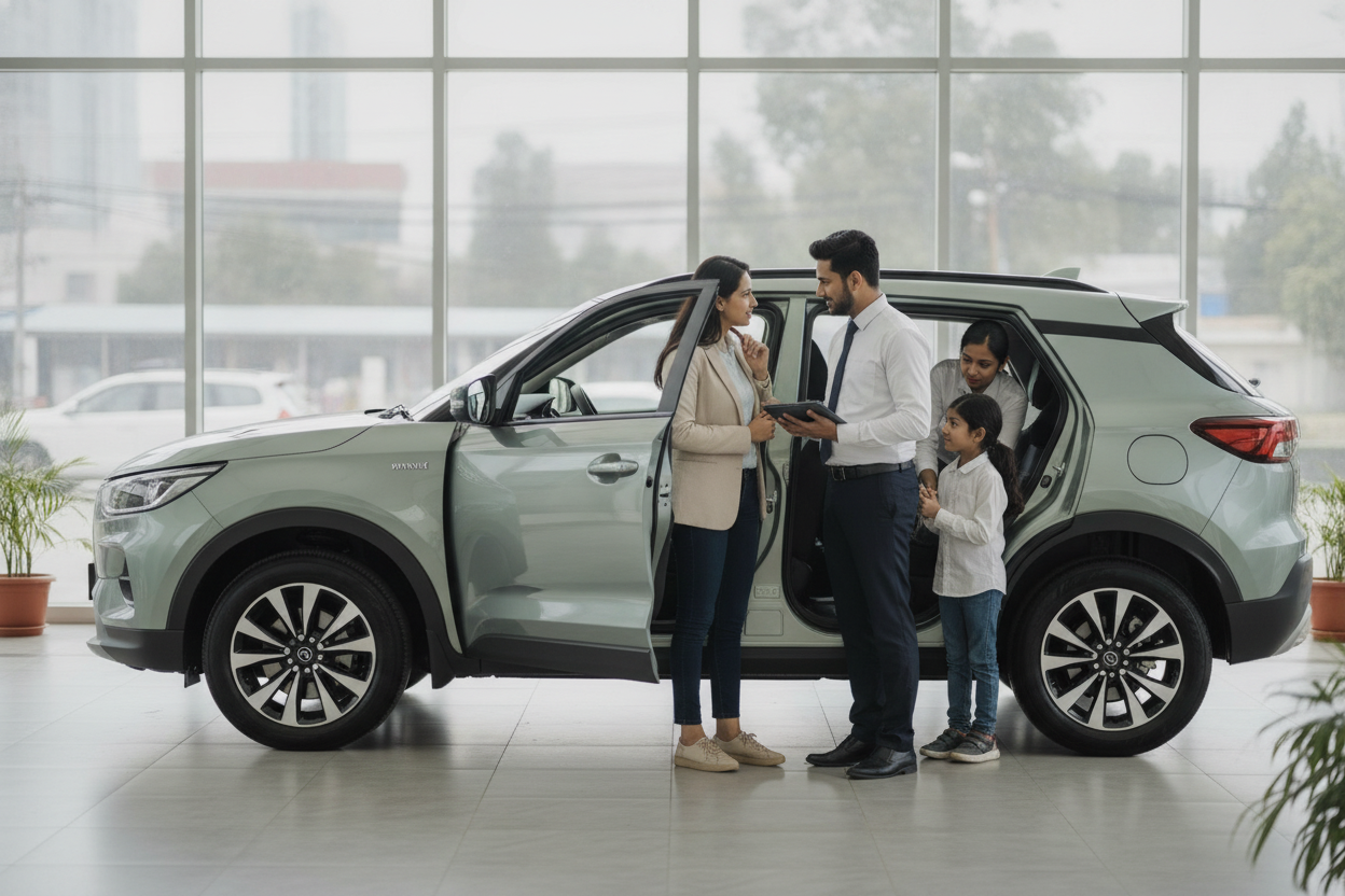 Indian family discussing a hybrid SUV during a dealership visit