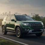 Green hybrid midsize SUV on a tree-lined Indian road at sunrise