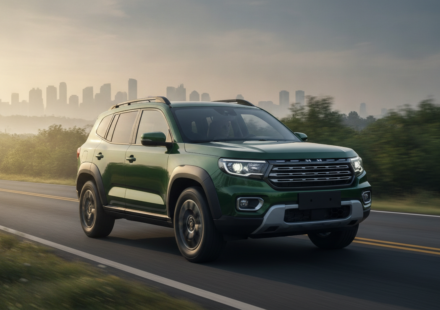 Green hybrid midsize SUV on a tree-lined Indian road at sunrise
