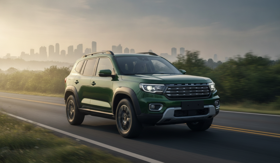 Green hybrid midsize SUV on a tree-lined Indian road at sunrise