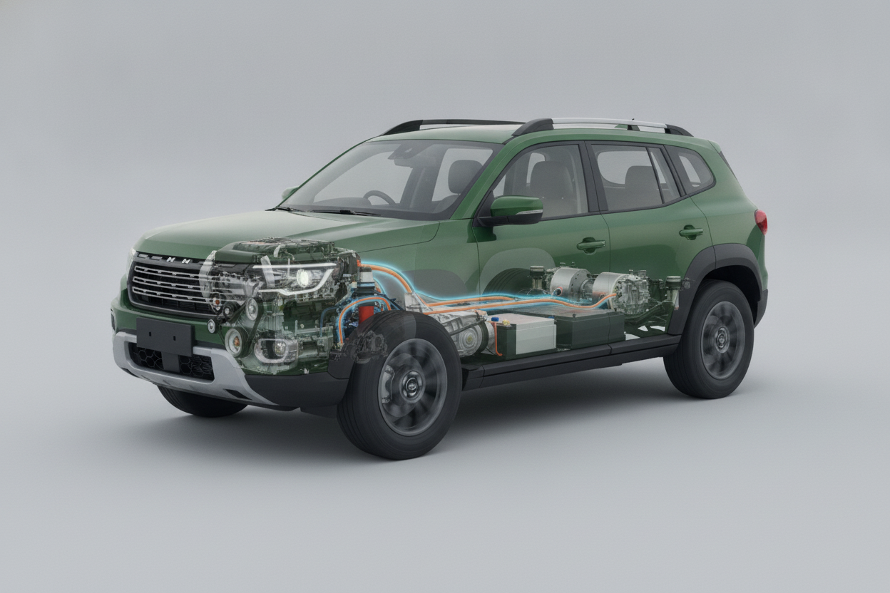Illustrative cutaway of a hybrid SUV showing petrol engine, electric motors and battery