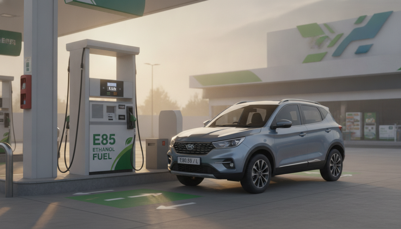 E85 ethanol fuel pump beside a modern car at an Indian petrol station