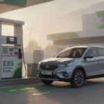E85 ethanol fuel pump beside a modern car at an Indian petrol station