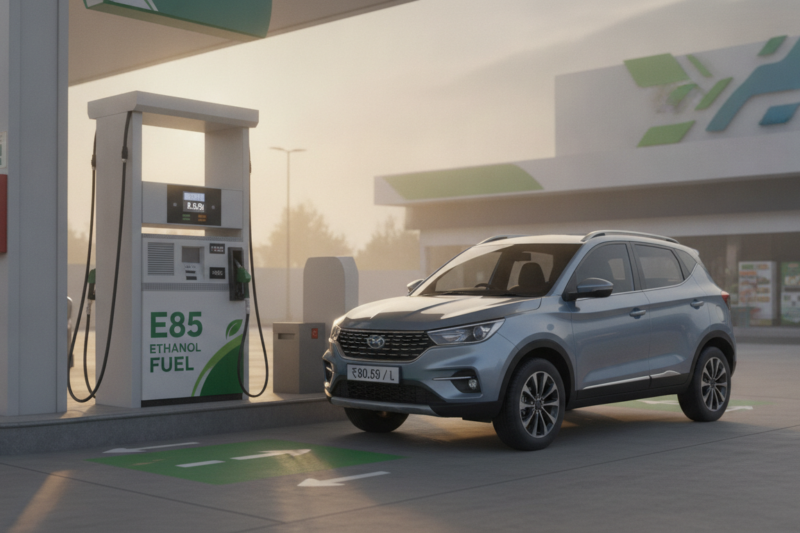 E85 ethanol fuel pump beside a modern car at an Indian petrol station