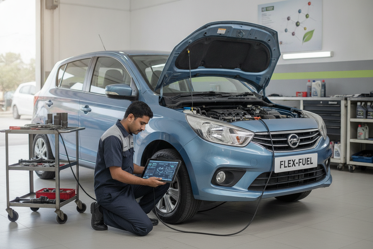 Modern flex-fuel car checked at an Indian automotive service centre
