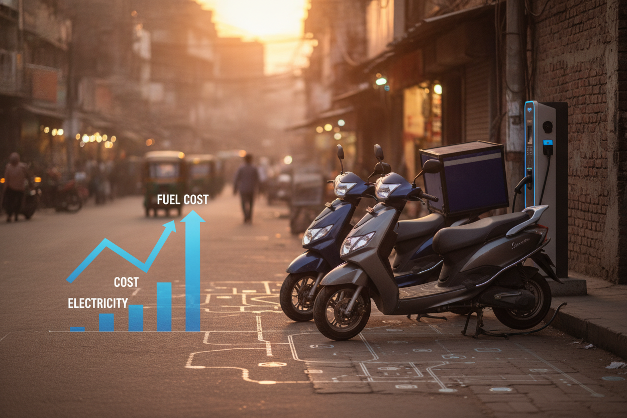 Electric delivery scooters parked beside a charging point in an Indian city