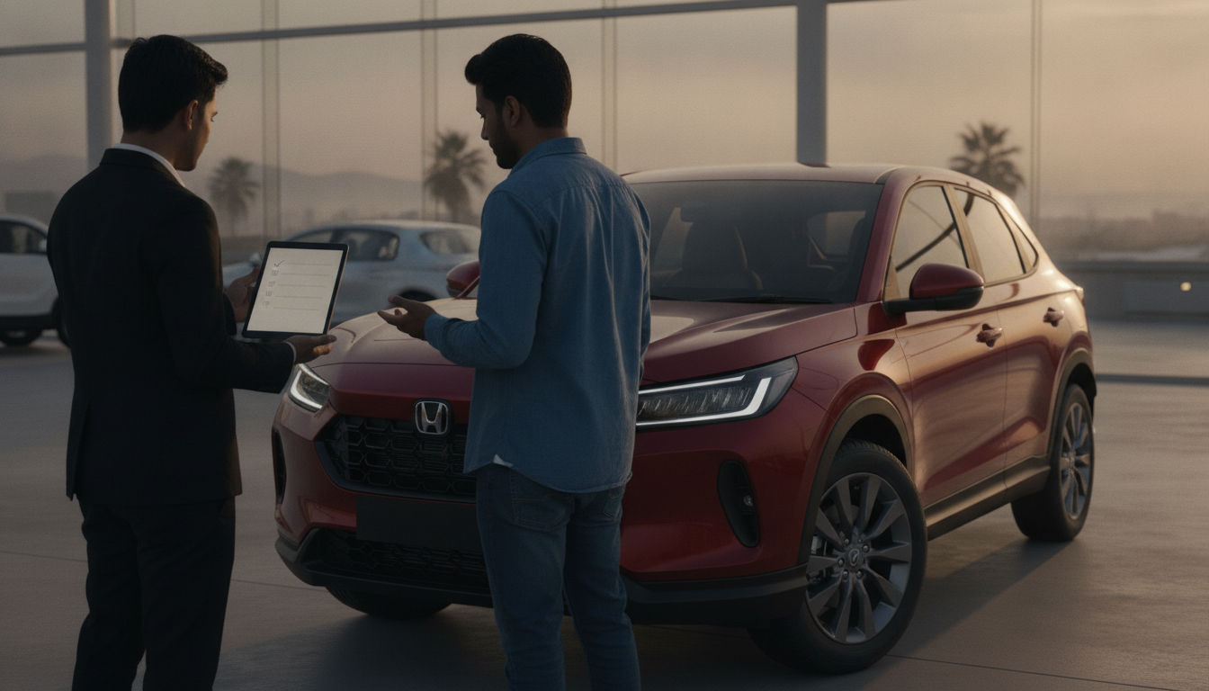 Indian buyer compares a current red compact SUV with a future facelift at a dealership.