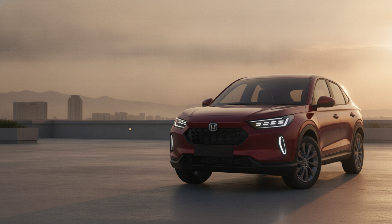 Close view of a red midsize SUV showing anticipated grille and headlamp styling for a facelift.