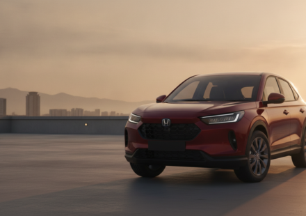 Red midsize SUV illustrating the expected Honda Elevate facelift, photographed at golden hour.