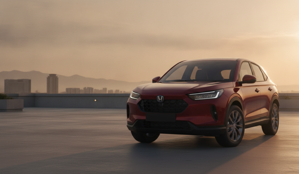 Red midsize SUV illustrating the expected Honda Elevate facelift, photographed at golden hour.