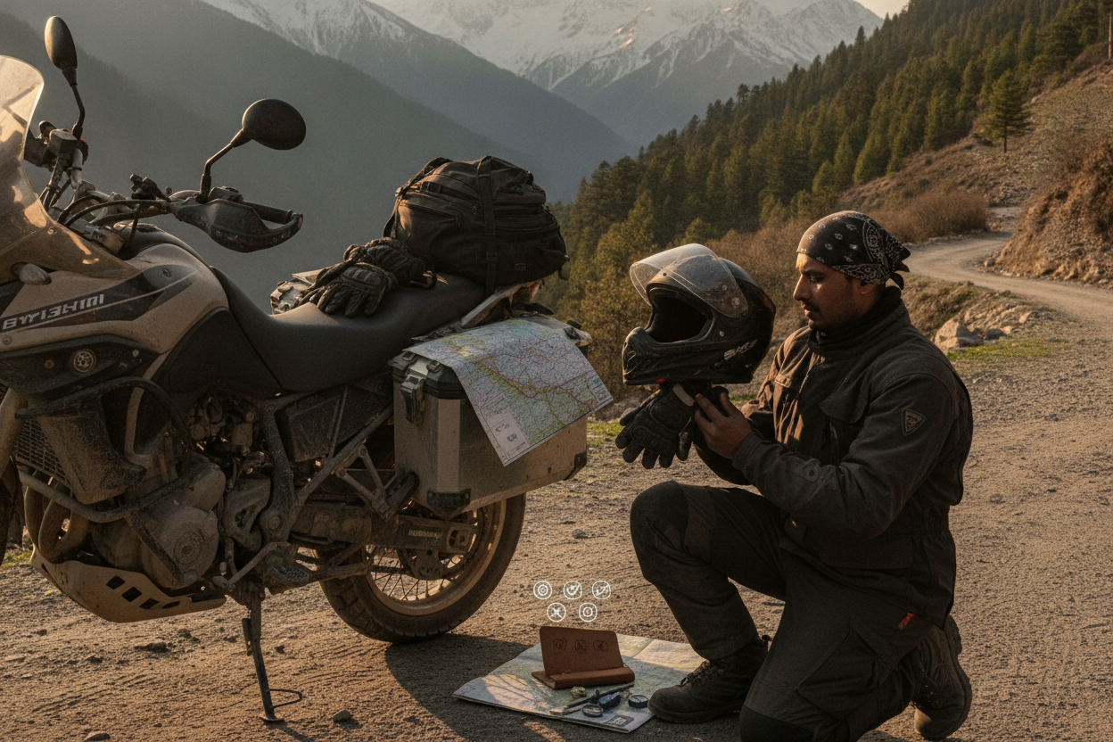 Adventure motorcycle rider checking touring gear beside a Himalayan trail