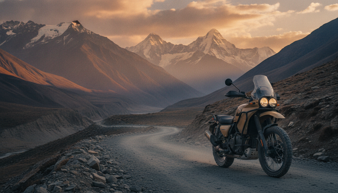 Royal Enfield Himalayan 440-style adventure motorcycle on a Himalayan road