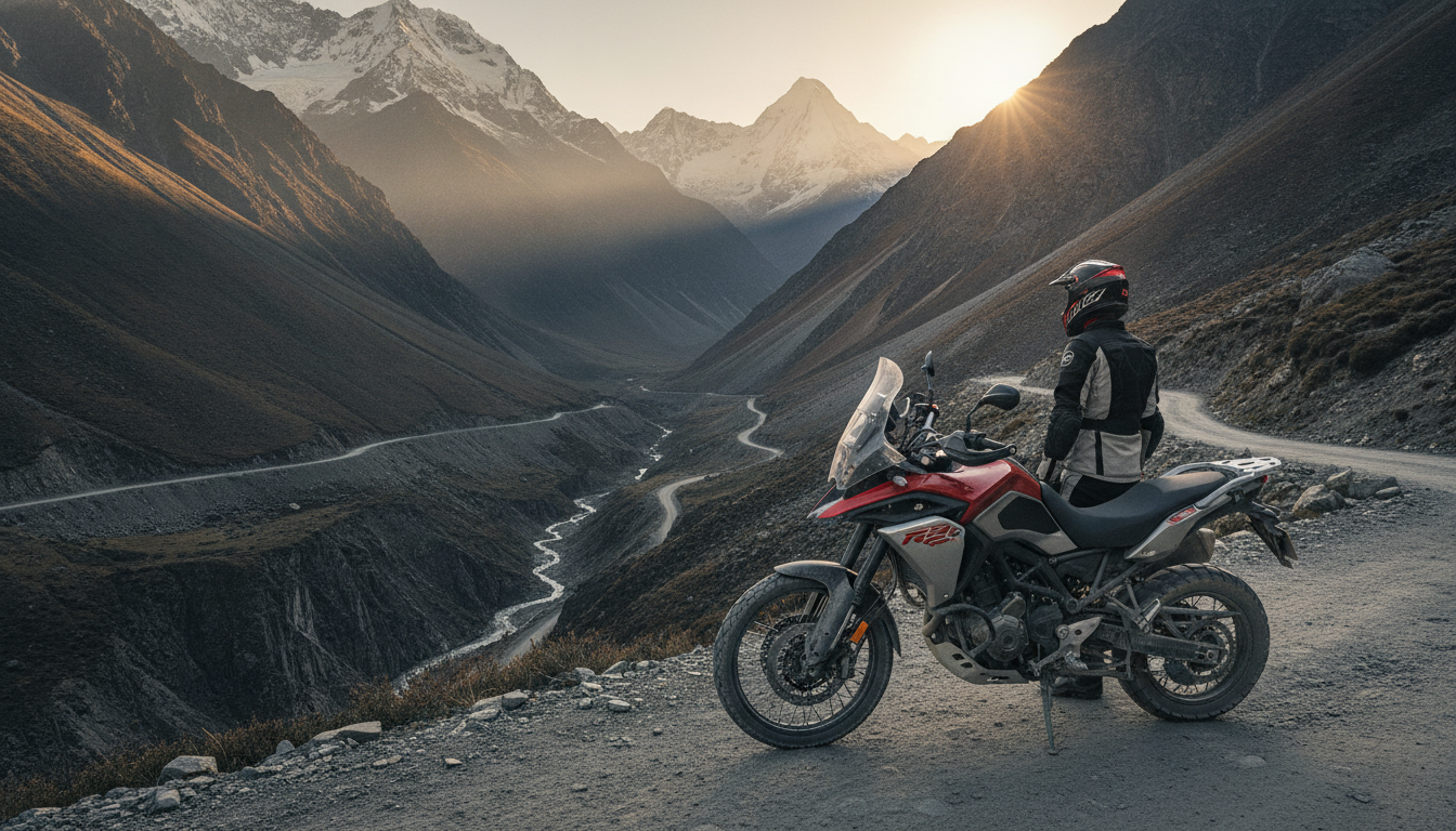 Royal Enfield Himalayan 440 style adventure motorcycle in the Himalayas